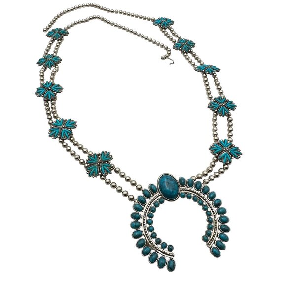 Vintage Faux Blue Turquoise Silver Tone Squash Blossom Necklace NOS Fashion - Picture 2 of 3